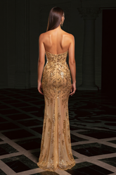 Charming Champagne Column Strapless Sleeveless Beaded Split Front Long Tulle Prom Dresses With Rhinestone